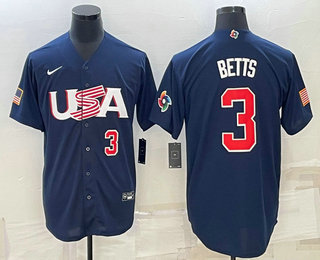 Men%27s USA Baseball #3 Mookie Betts Number 2023 Navy World Baseball Classic Stitched Jerseys